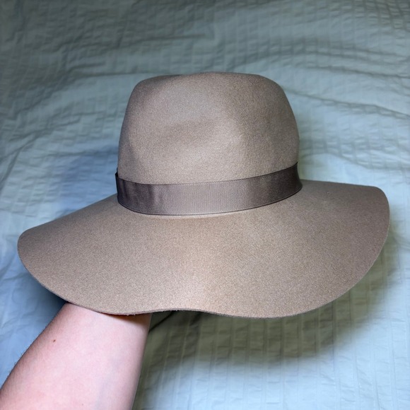 Unbranded Accessories - Wide Brim Fedora Women OS Taupe Tan Wool Felt Boho‎ Floppy Hat Ribbon
